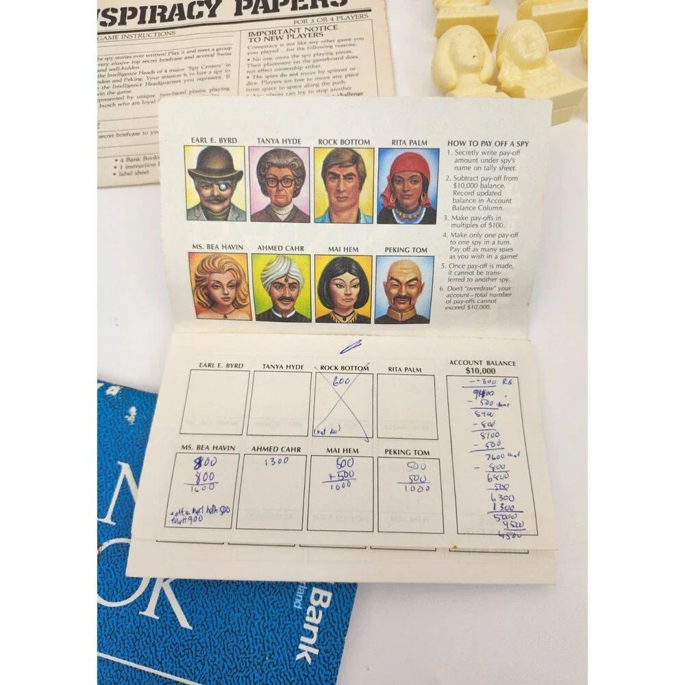 Lot of 13 Vintage Conspiracy Spy Board Game Replacement Spy Figures Bank Books